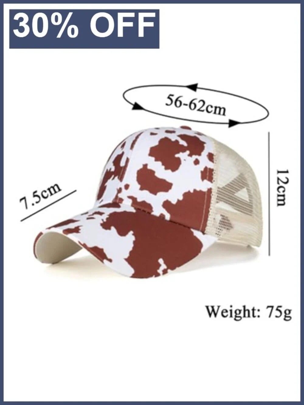 Unisex Adjustable Ponytail Baseball Cap Breathable Mesh Cotton Cow Print